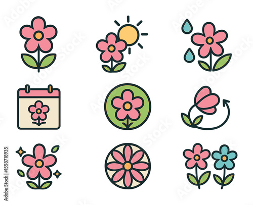 Seasonal Flower Icons. Flat icon set of seasonal flower symbols: spring bloom icon, flower icon with sun,