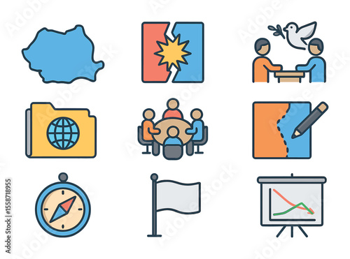 Geopolitical Icons Grid. Flat icon set of geopolitical discussions: country map, conflict zone, peace