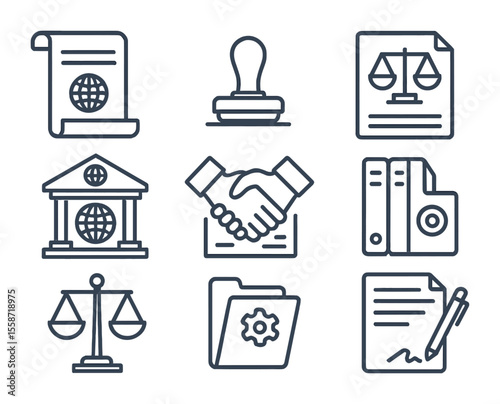 International Law Icons. Flat icon set of international law documents: treaty scroll, legal stamp, arbitration