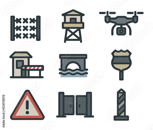 Border Infrastructure Icons. Flat icon set of border infrastructure: border fence, watchtower, road checkpoint
