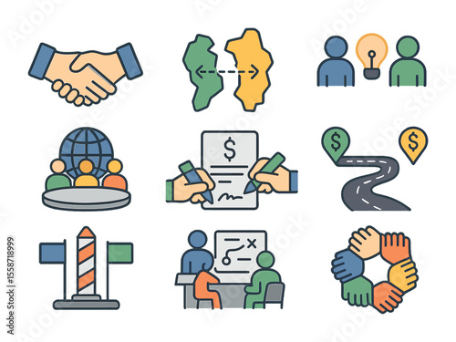 National Cooperation Icons. Flat icon set of national cooperation: flag handshake, cross-border map, joint