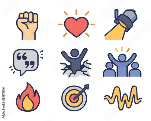 Motivational Icon Set. Flat icon set of motivational speaking: raised fist, glowing heart, stage spotlight,