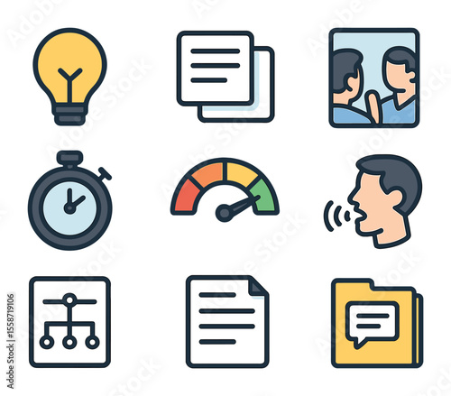Speech Prep Icons. Flat icon set of speech preparation: idea bulb, note cards, mirror rehearsal, time tracking