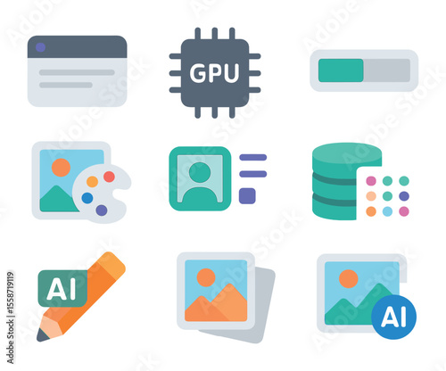AI Art Tool Icons. Flat icon set of AI art tools: prompt box, GPU icon, render progress bar, stylization