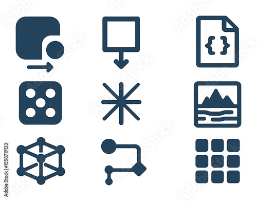 Procedural Art Icons Set. Flat icon set of procedural art components: shape modifier, transformation node,