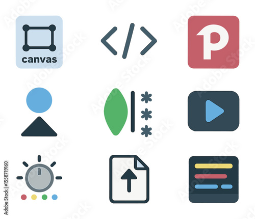 Creative Coding Icon Set. Flat icon set of creative coding symbols: JS canvas icon, code brackets, p5.js logo,