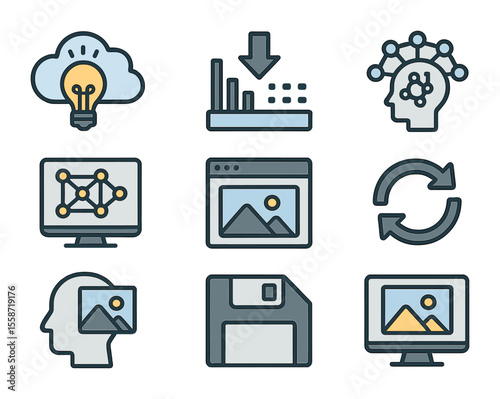 AI Creativity Icon Set. Flat icon set of AI creativity process: idea cloud, data input, neural net, model