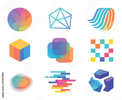 Modern Digital Icon Grid. Flat icon set of digital abstraction: gradient circle, polygon mesh, warped lines,