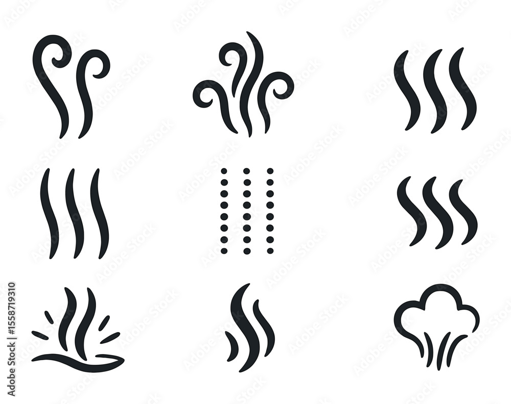 Naklejka premium Beverage Steam Icon Set. Flat icon set of beverage steam effects: rising swirls, curling vapor, hot air lines,