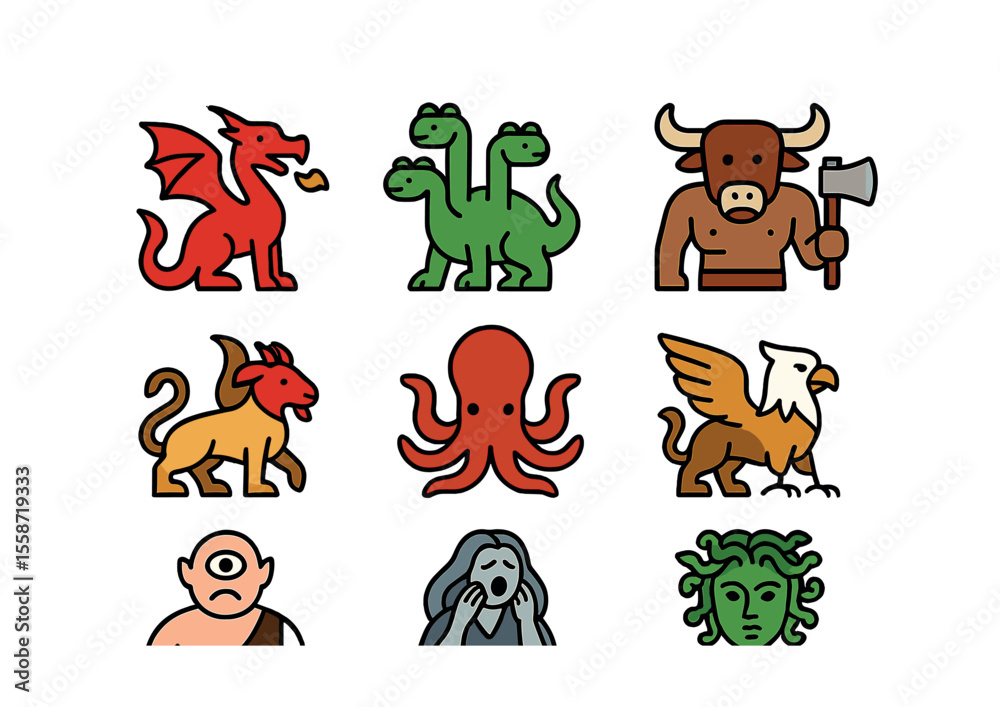 Obraz premium Mythical Creatures Icons. Flat icon set of mythological creatures: dragon, hydra, minotaur, chimera, kraken,
