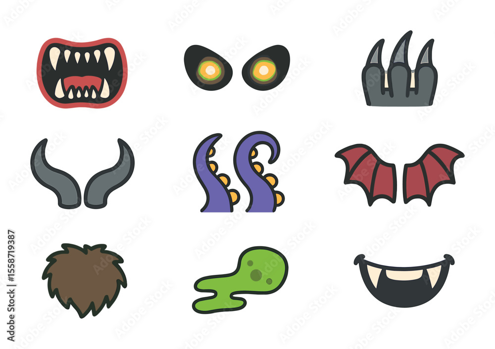 Monster Features Icons. Flat icon set of monster features: sharp teeth, glowing eyes, claws, horns, tentacles, Monster Features Icons. Flat icon set of monster features: sharp teeth, glowing eyes, claws, horns, tentacles,
