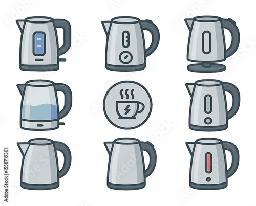 Modern Kettle Icons. Flat icon set of modern kitchen kettles: digital kettle, temp control, cordless kettle,