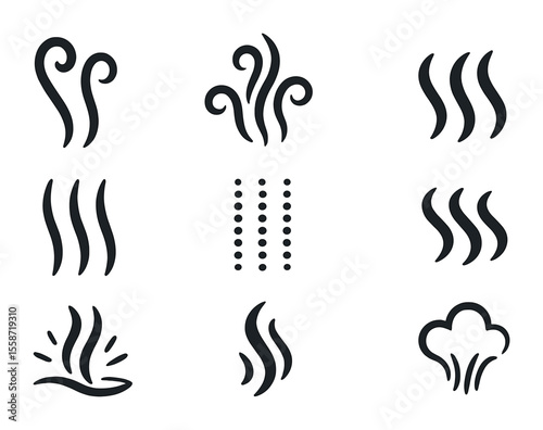 Beverage Steam Icon Set. Flat icon set of beverage steam effects: rising swirls, curling vapor, hot air lines,