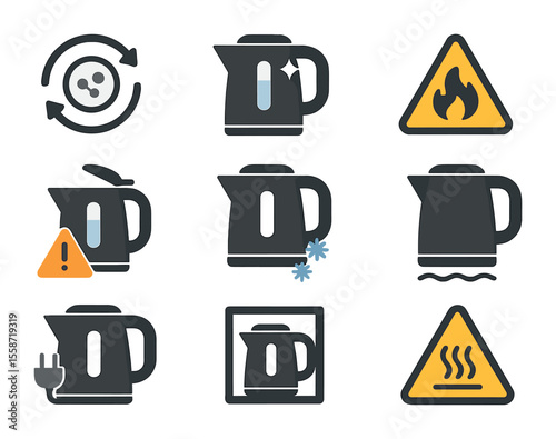 Kettle Safety Icons. Flat icon set of kettle care and safety: descale symbol, clean kettle icon, caution hot,
