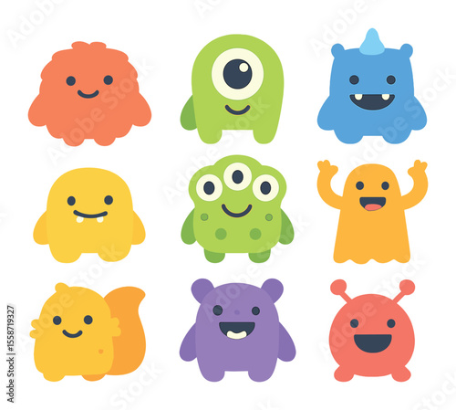 Cartoon Monster Icons. Flat icon set of cute cartoon monsters: fuzzy blob, big-eyed creature, one-horned
