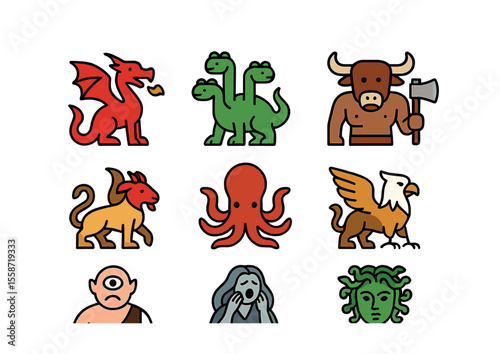 Mythical Creatures Icons. Flat icon set of mythological creatures: dragon, hydra, minotaur, chimera, kraken,