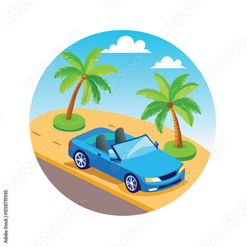 Sleek convertible car parked on beach side vector art design 