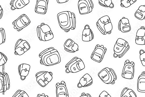 Seamless pattern of school satchels and travel backpacks in doodle style. Vector illustration