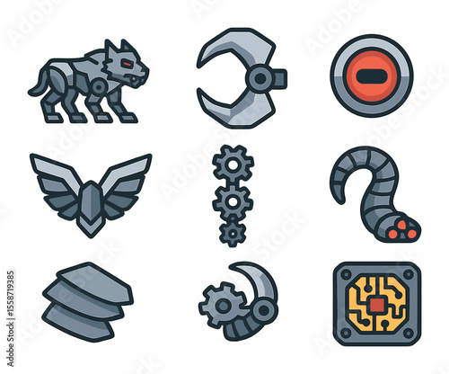 Mechanical Monster Icons. Flat icon set of mechanical monsters: robot beast, steel claw, red scanner eye,