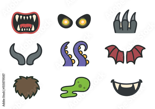 Monster Features Icons. Flat icon set of monster features: sharp teeth, glowing eyes, claws, horns, tentacles,