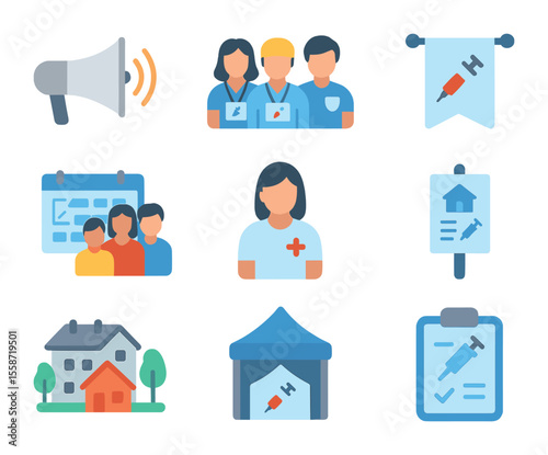Community Vaccine Campaign Icons. Flat icon set of community vaccine campaigns: megaphone icon, outreach team,