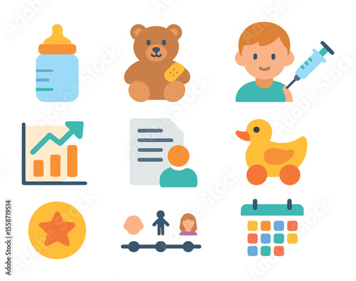 Pediatric Vaccination Icons. Flat icon set of pediatric vaccinations: baby bottle, teddy bear with bandage,