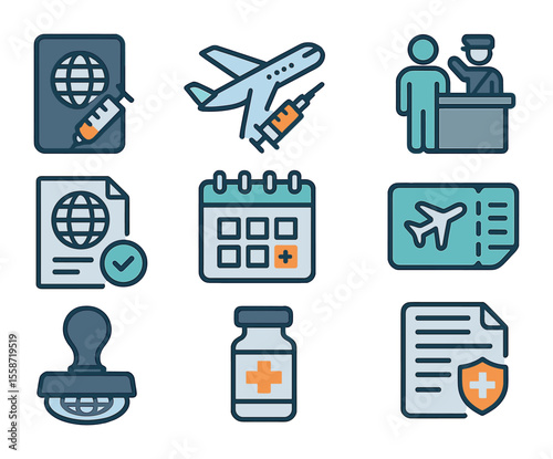 Vaccination Travel Icons. Flat icon set of international vaccination travel: vaccine passport, airplane with