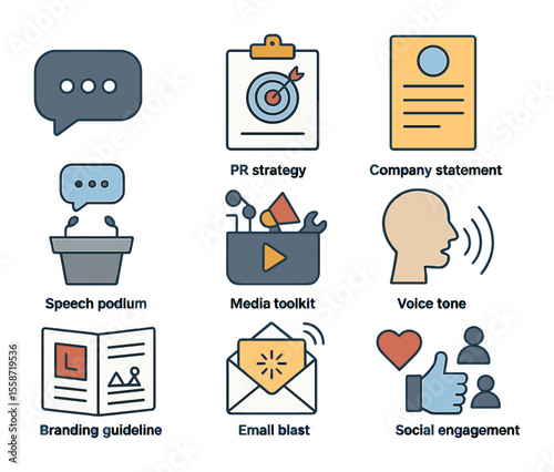 Brand Communication Icons. Flat icon set of brand communication: messaging bubble, PR strategy, company
