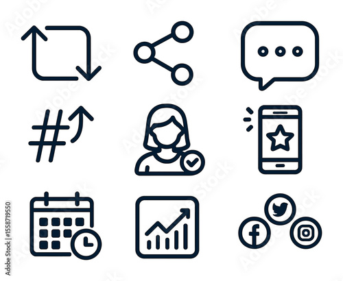 Social Media Icons. Flat icon set of social media PR: retweet icon, share button, comment bubble, trending