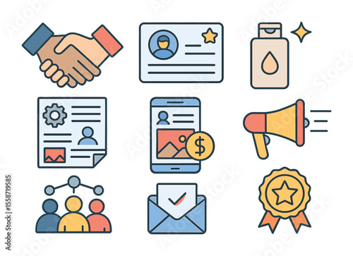 Influencer Outreach Icons. Flat icon set of influencer outreach: collaboration handshake, social profile,