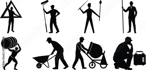 Vector art of a collection of eight black silhouettes of workers with various tools and equipment, isolated on transparent background