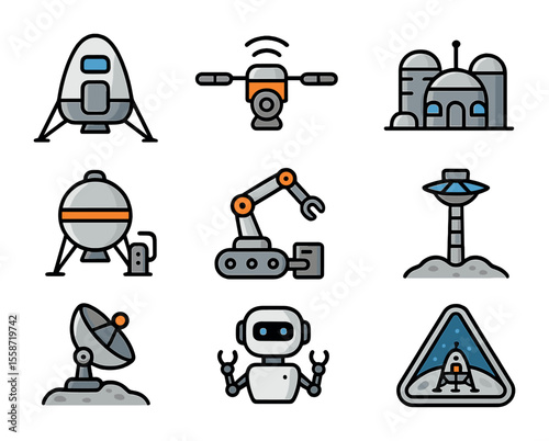 Future Moon Mission Icons. Flat icon set of future moon missions: reusable lander, cargo drone, modular base,