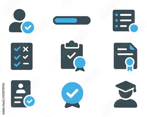 Certification Milestone Icons. Flat icon set of certification milestones: registered user icon, in-progress