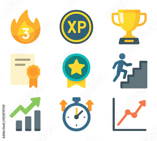 Digital Achievement Icons. Flat icon set of digital achievement tracking: learning streak, XP points, digital