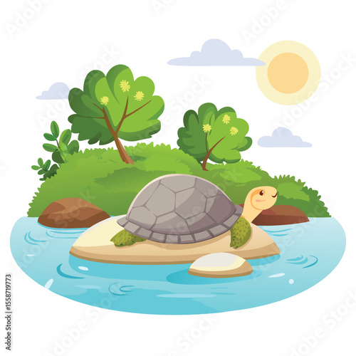Turtle resting on a rock beside a island vector art design 