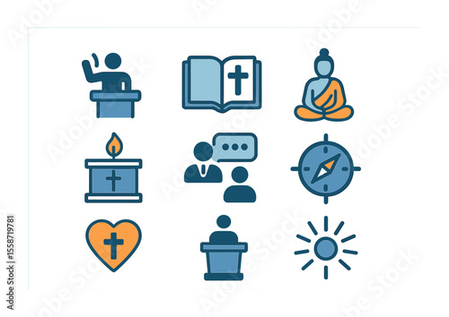 Religious Icons Grid. Flat icon set of religious teachings and guidance: sermon icon, sacred book, meditating