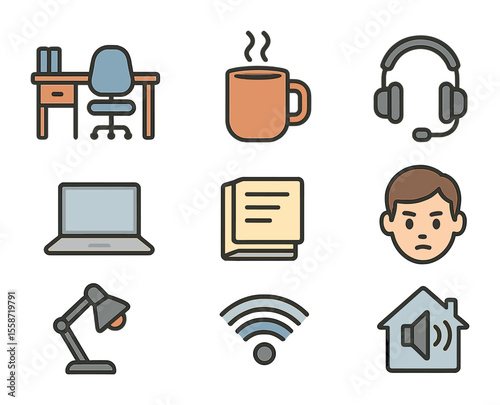 Home Study Icons. Flat icon set of learning at home setup: desk setup, coffee mug, headset, open laptop, notes