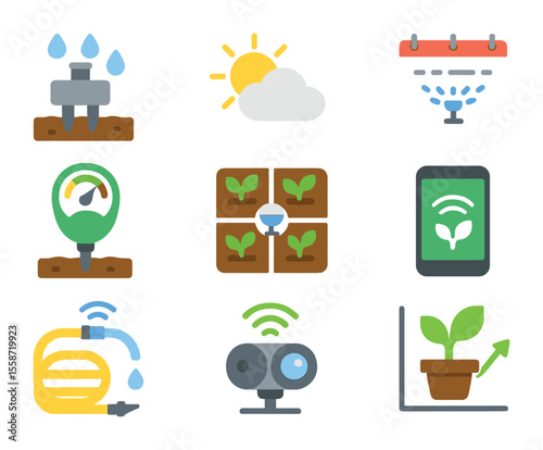 Smart Gardening Icons. Flat icon set of smart irrigation and gardening: soil moisture sensor, weather forecast