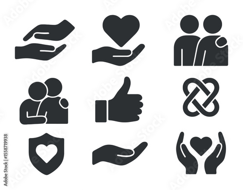 Emotional Support Icons. Flat icon set of emotional bonds and support: helping hand, support heart, comforting