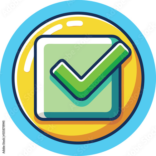 Bright green checkmark inside a square with a blue and yellow circular border