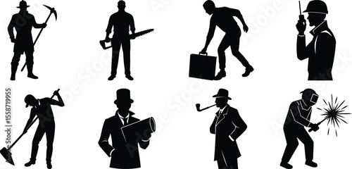 Vector art of set of eight black silhouettes of workers with various tools and equipment, isolated on transparent background