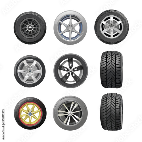 Varieties collection of wheels and tires of modern car vector art design 