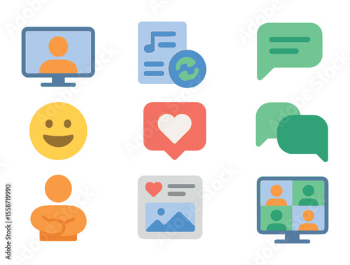 Digital Connection Icons. Flat icon set of digital connections: video call, shared playlist, online message,
