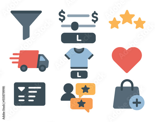 Online Shopping Icons. Flat icon set of online shopping choices: filter icon, price range slider, product