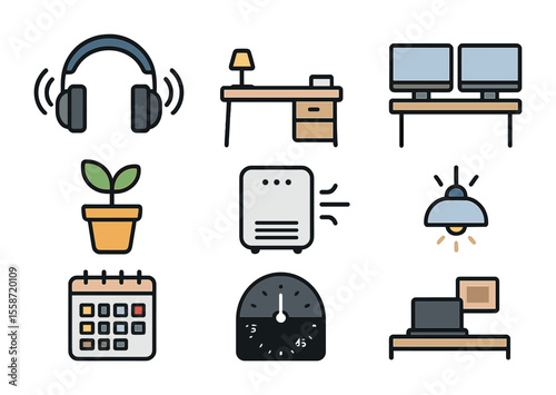 Productivity Icons Grid. Flat icon set of productivity environments: noise-canceling headphones, clutter-free