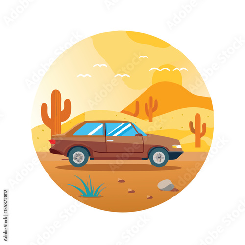 Vintage car driving on desert area scene vector art design 