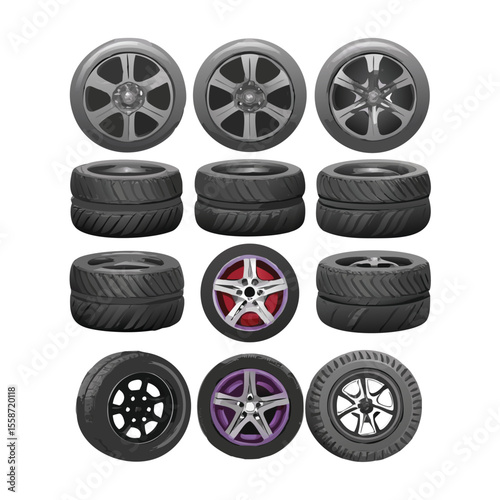 Varieties collection of wheels and tires of modern car vector art design 