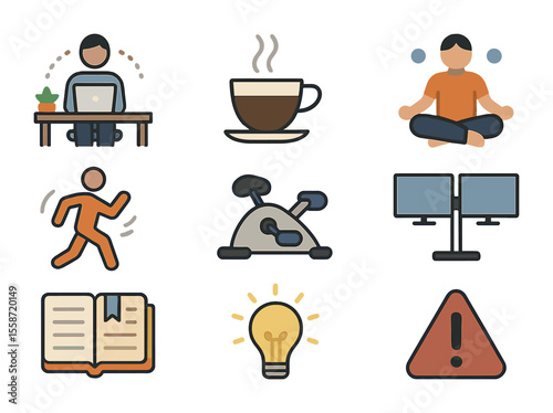 Workplace Performance Icons. Flat icon set of workplace performance boosters: focused workspace, espresso shot