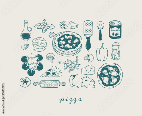 Hand drawn doodle set with elements of homemade Italian pizza. Mediterranean traditional cuisine in sketch style. Pizza, olive, cheese, tomatoes, basil. Vintage items for kitchen poster, print, menu