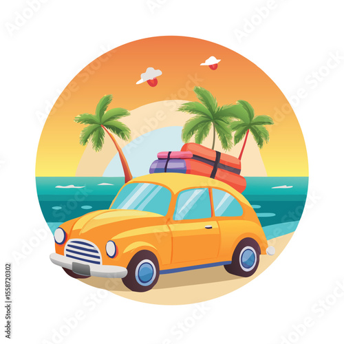 Vintage Yellow Car with Luggage on Sandy Beach at Sunset in Retro Travel Poster Style vector 
